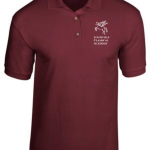 Burgundy polo shirt with school logo.