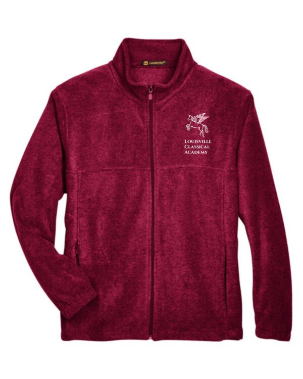 Red fleece jacket with Louisville Classical Academy logo.