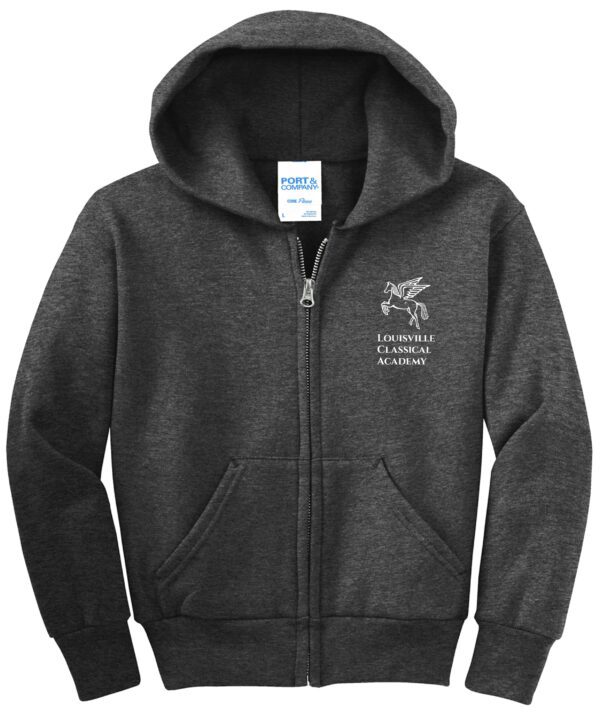 Gray zip-up hoodie with school logo.