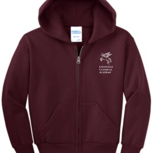 Maroon zip-up hoodie with school logo.