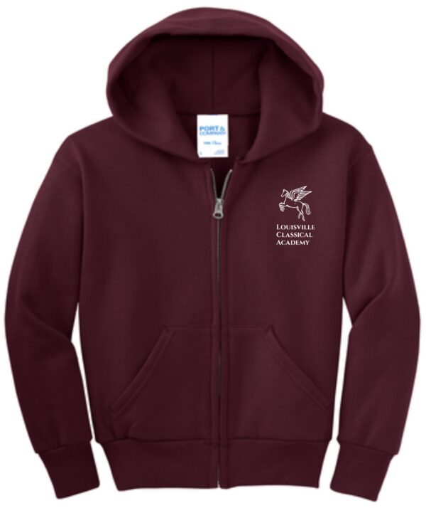 Maroon zip-up hoodie with school logo.