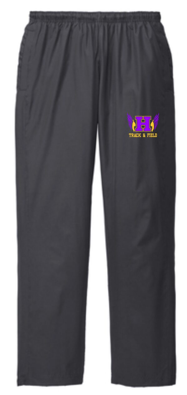 Gray track & field pants with logo.