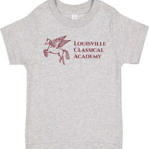 Gray baby t-shirt with Louisville Classical Academy logo.