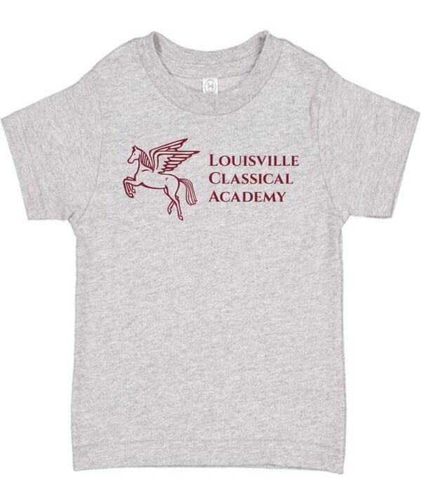 Gray baby t-shirt with Louisville Classical Academy logo.