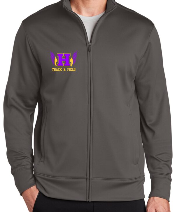 Grey track jacket with "H" logo.