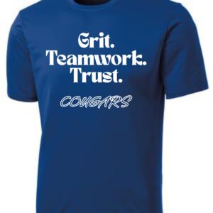 Blue t-shirt with "Grit. Teamwork. Trust. Cougars"