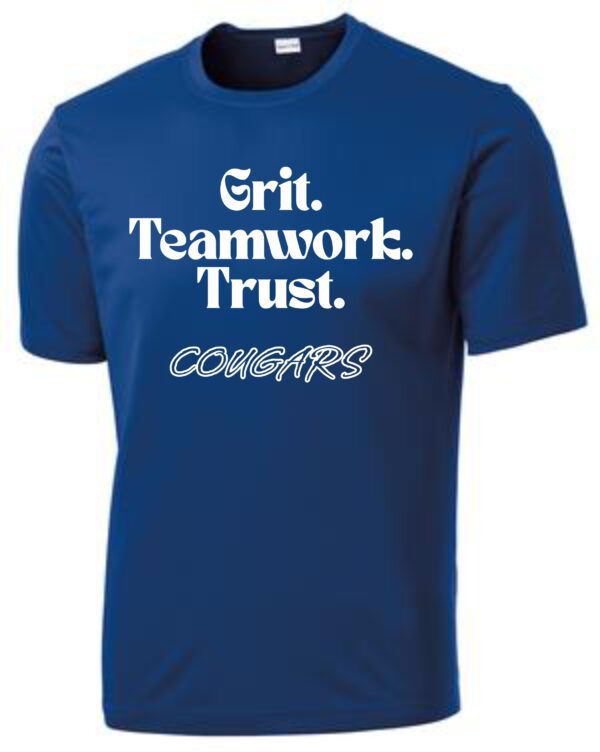 Blue t-shirt with "Grit. Teamwork. Trust. Cougars"