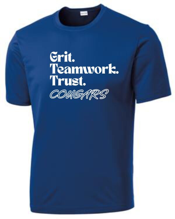 Blue t-shirt with "Grit. Teamwork. Trust. Cougars"