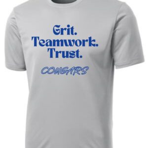 Gray T-shirt with blue "Grit. Teamwork. Trust. Cougars"