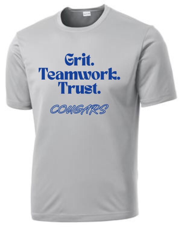 Gray T-shirt with blue "Grit. Teamwork. Trust. Cougars"