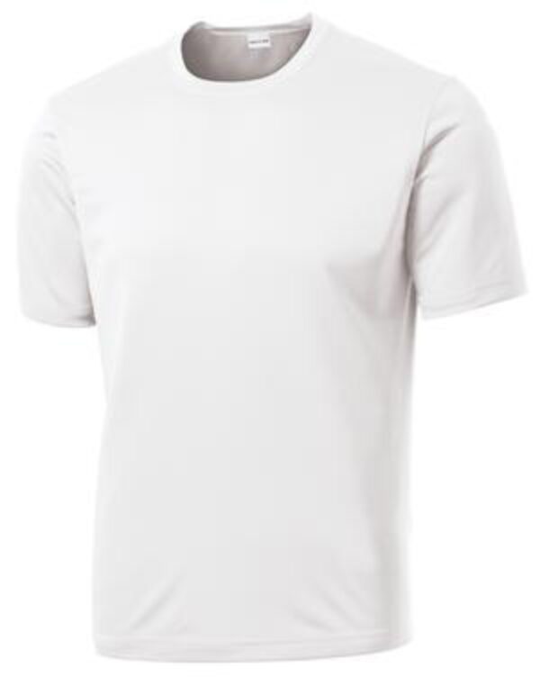 White short-sleeved t-shirt with crew neck.