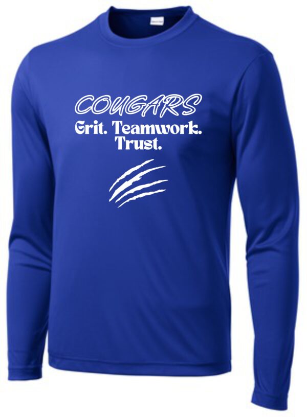 Blue long-sleeve shirt with Cougars logo.