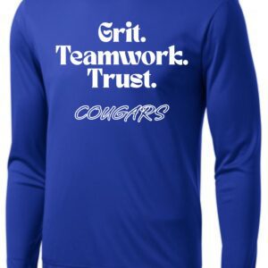 Blue long-sleeve shirt with "Grit. Teamwork. Trust. Cougars"