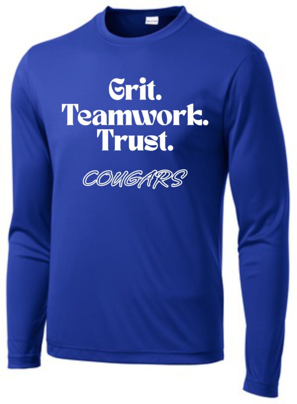 Blue long-sleeve shirt with "Grit. Teamwork. Trust. Cougars"