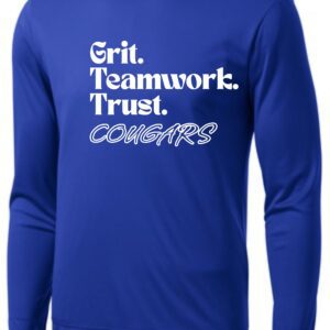 Blue long sleeve shirt with white Cougars logo.