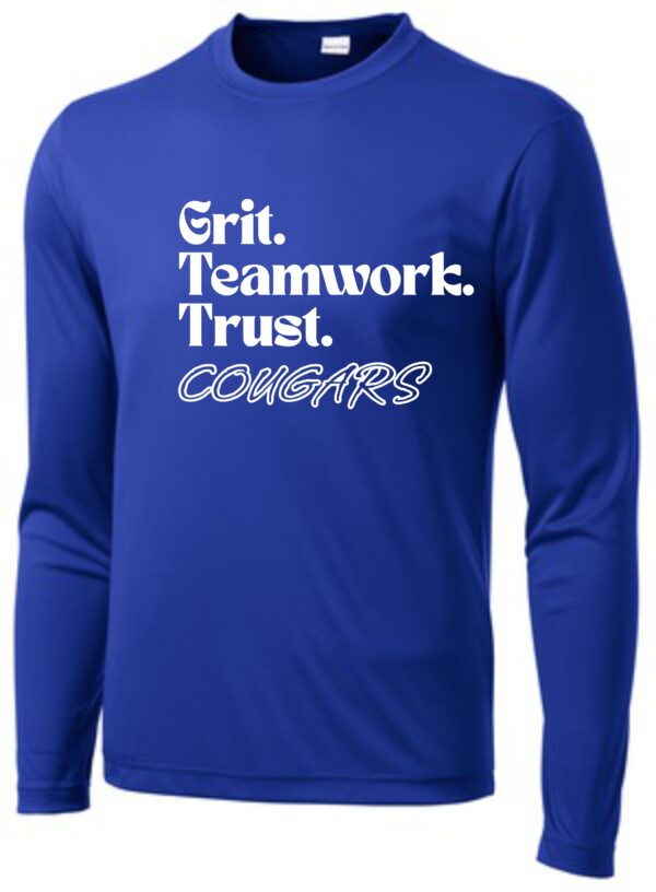 Blue long sleeve shirt with white Cougars logo.