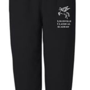 Black sweatpants with Louisville Classical Academy logo.