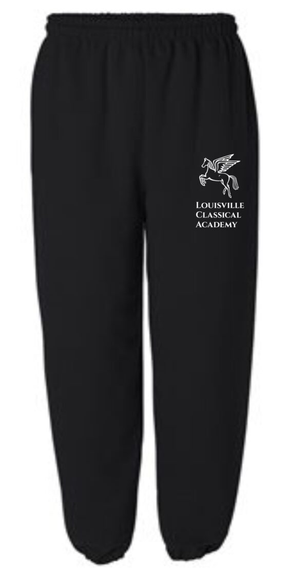 Black sweatpants with Louisville Classical Academy logo.