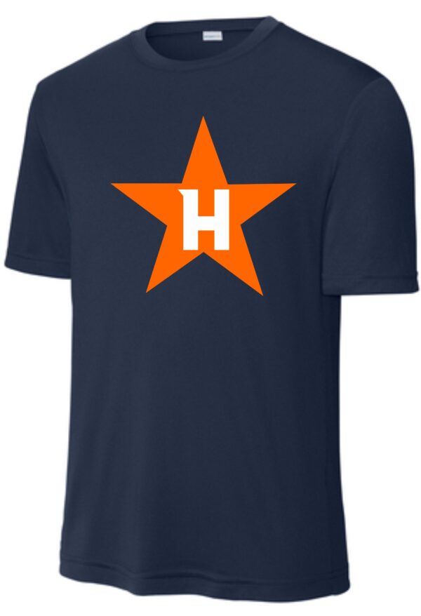 Navy blue t-shirt with orange star and H.