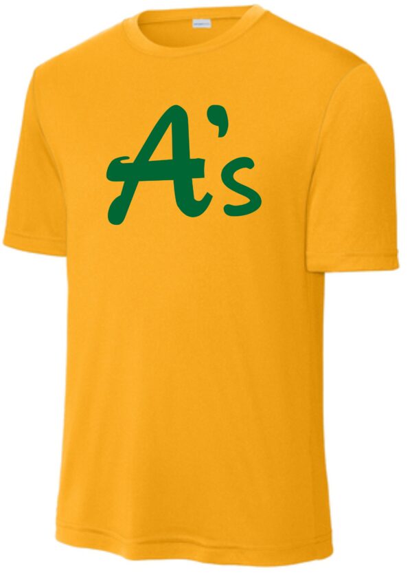 Yellow t-shirt with green Oakland A's logo.