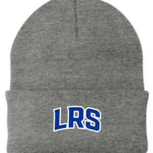 Gray knit beanie with blue LRS logo.