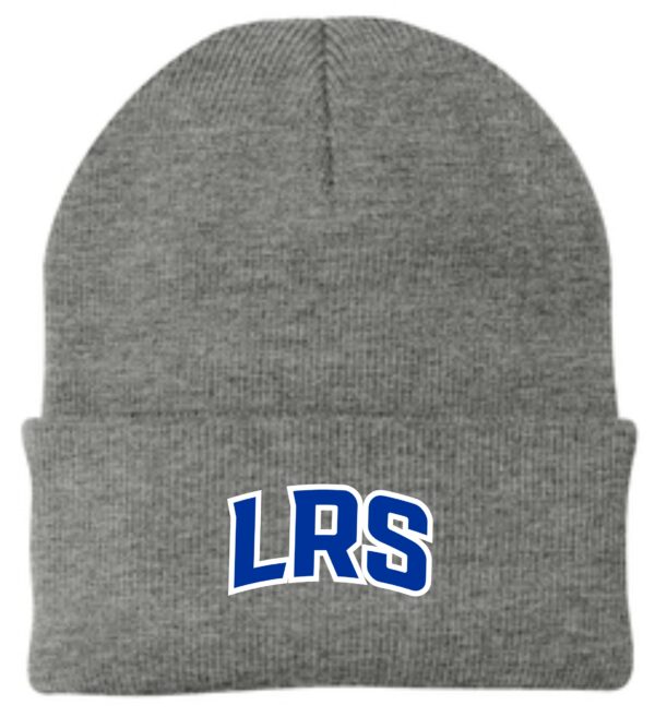 Gray knit beanie with blue LRS logo.