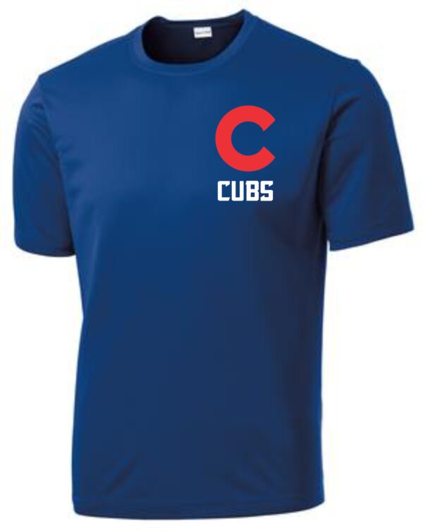 Blue Cubs t-shirt with red "C" logo.