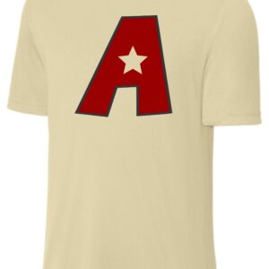 Beige t-shirt with red letter A and star.