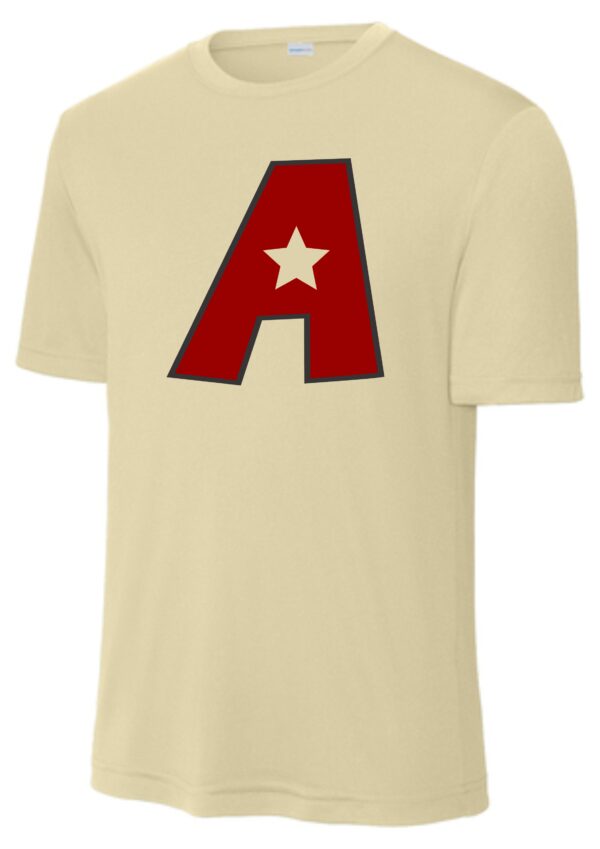 Beige t-shirt with red letter A and star.