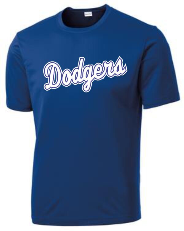 Blue Dodgers T-shirt with white logo.