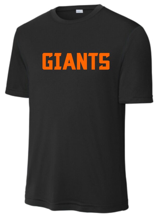 Black t-shirt with orange Giants logo.