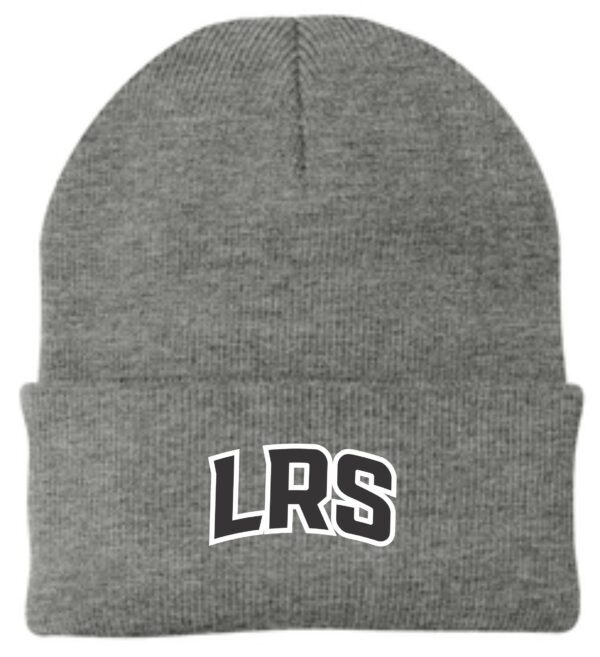 Gray knit beanie with LRS logo.