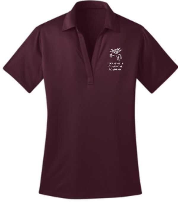 Burgundy polo shirt with school logo.