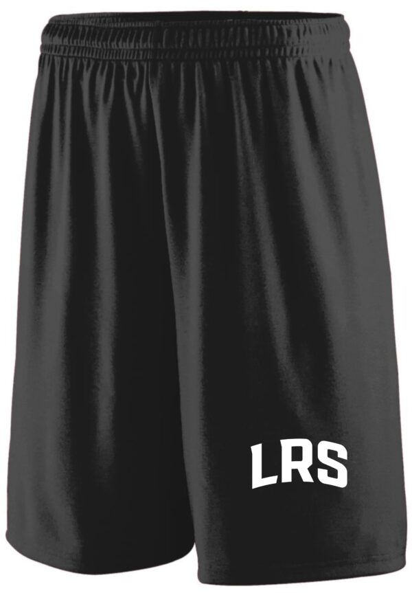 Black athletic shorts with LRS logo.