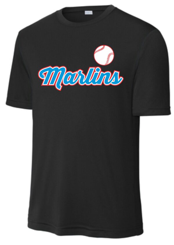 Black Marlins baseball t-shirt with a ball.