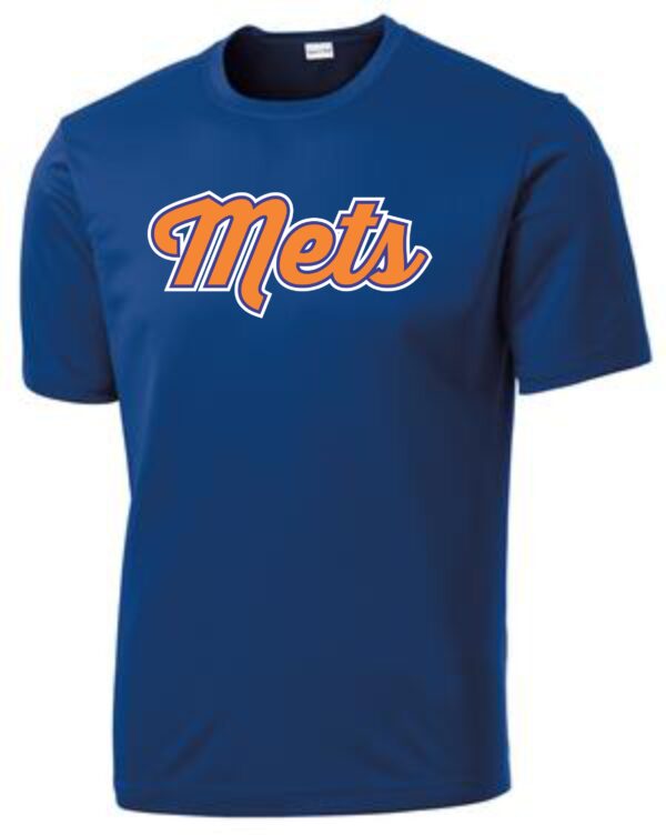 Blue Mets t-shirt with orange logo.