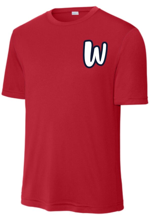 Red t-shirt with a white W on the chest.