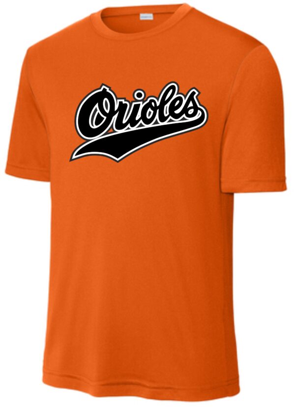 Orange Orioles t-shirt with black logo.