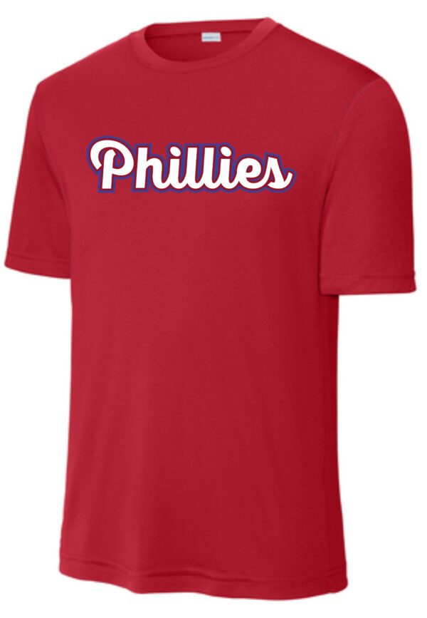 Red Phillies T-shirt with white logo.