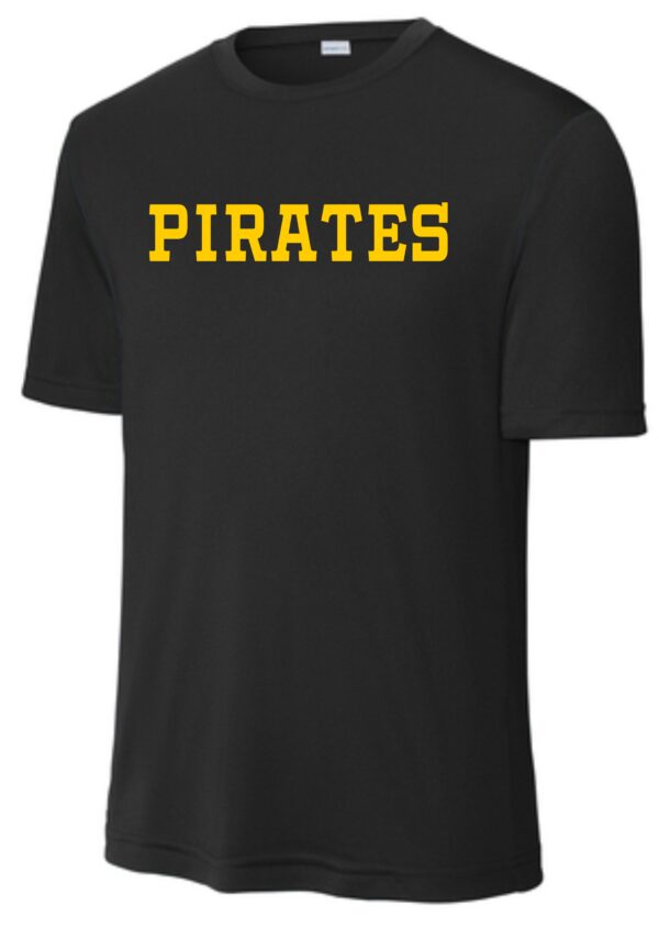 Black t-shirt with yellow Pirates text.