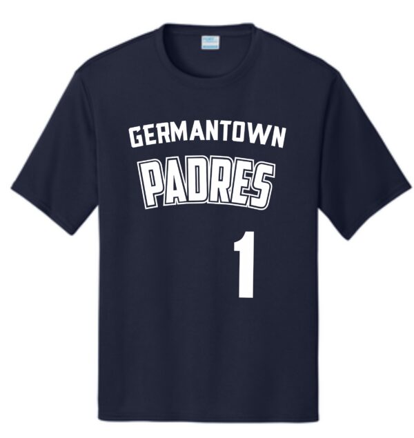 Navy blue t-shirt with "Germantown Padres 1"