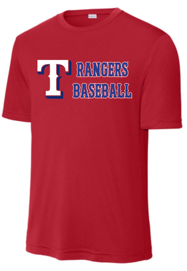 Red T-shirt with Texas Rangers logo.