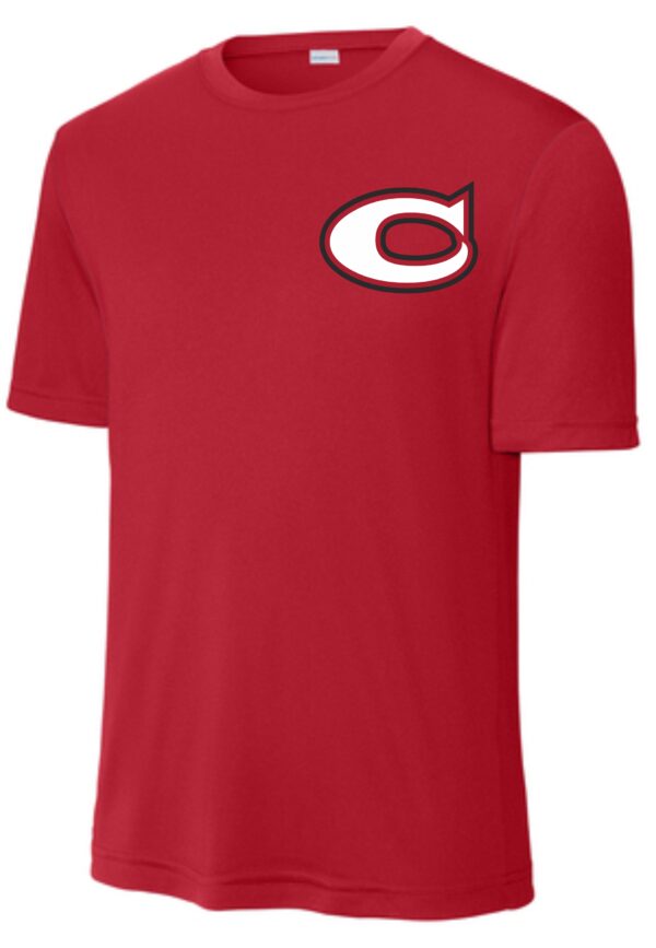 Red t-shirt with white letter C logo.