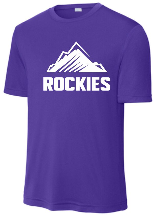 Purple t-shirt with white Rockies logo.