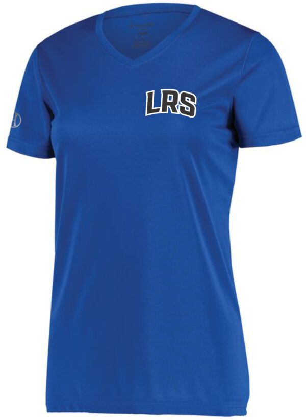 Blue V-neck T-shirt with LRS logo.