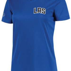 Blue V-neck T-shirt with LRS logo.