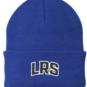 Blue knit beanie with LRS logo.