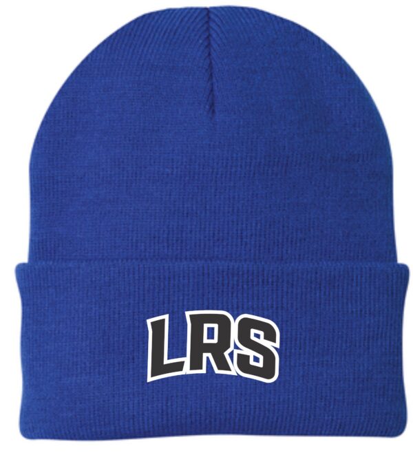 Blue knit beanie with LRS logo.