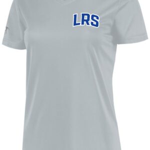 Grey V-neck t-shirt with LRS logo.