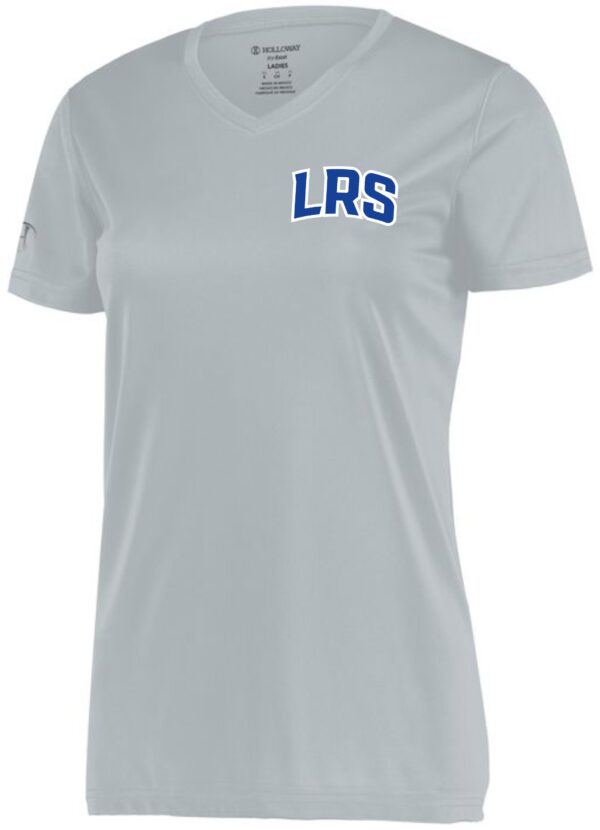 Grey V-neck t-shirt with LRS logo.